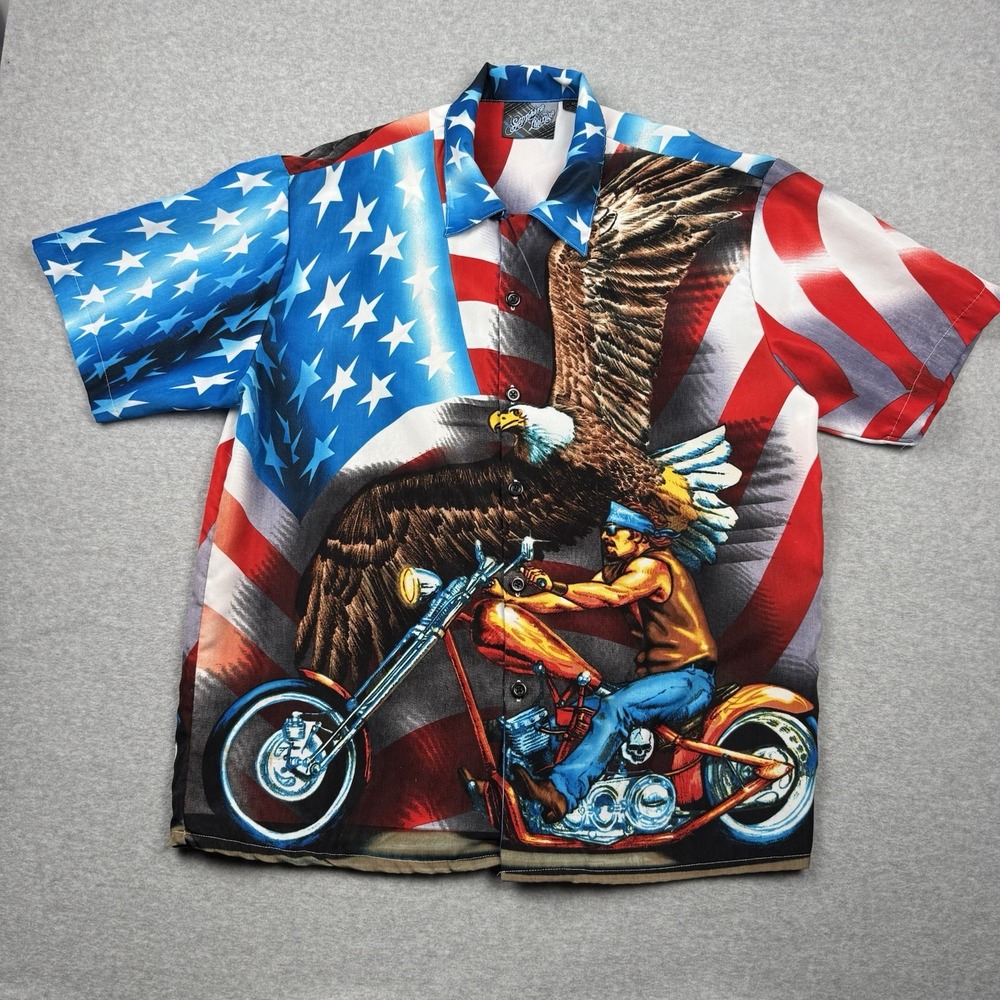Sapphire Lounge Shirt Mens Large Button Up USA Patriotic Easy Rider Biker Eagle